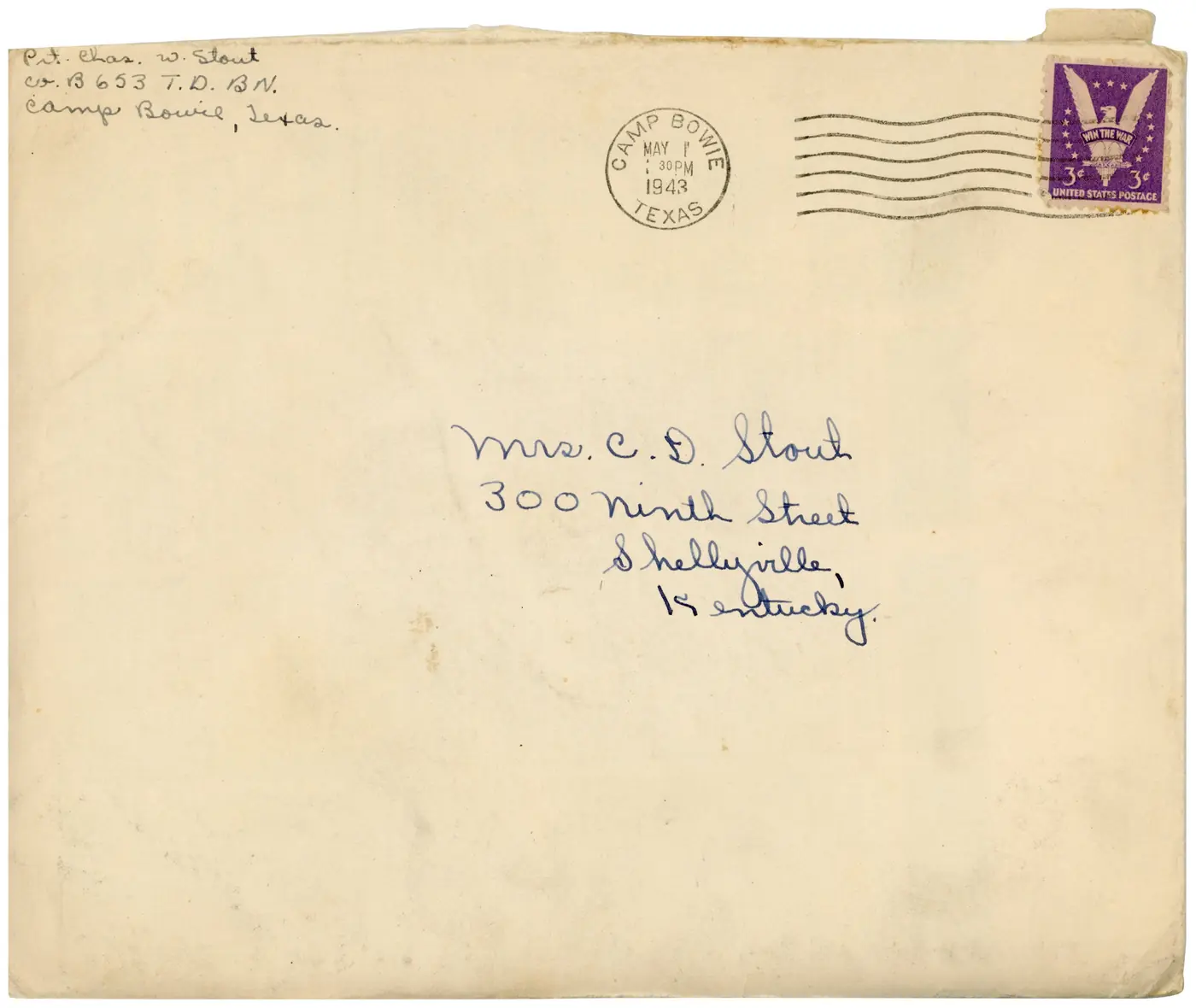 Envelope postmarked Camp Bowie, Texas, May 1, 1943, with a 3¢ "Win the War" stamp