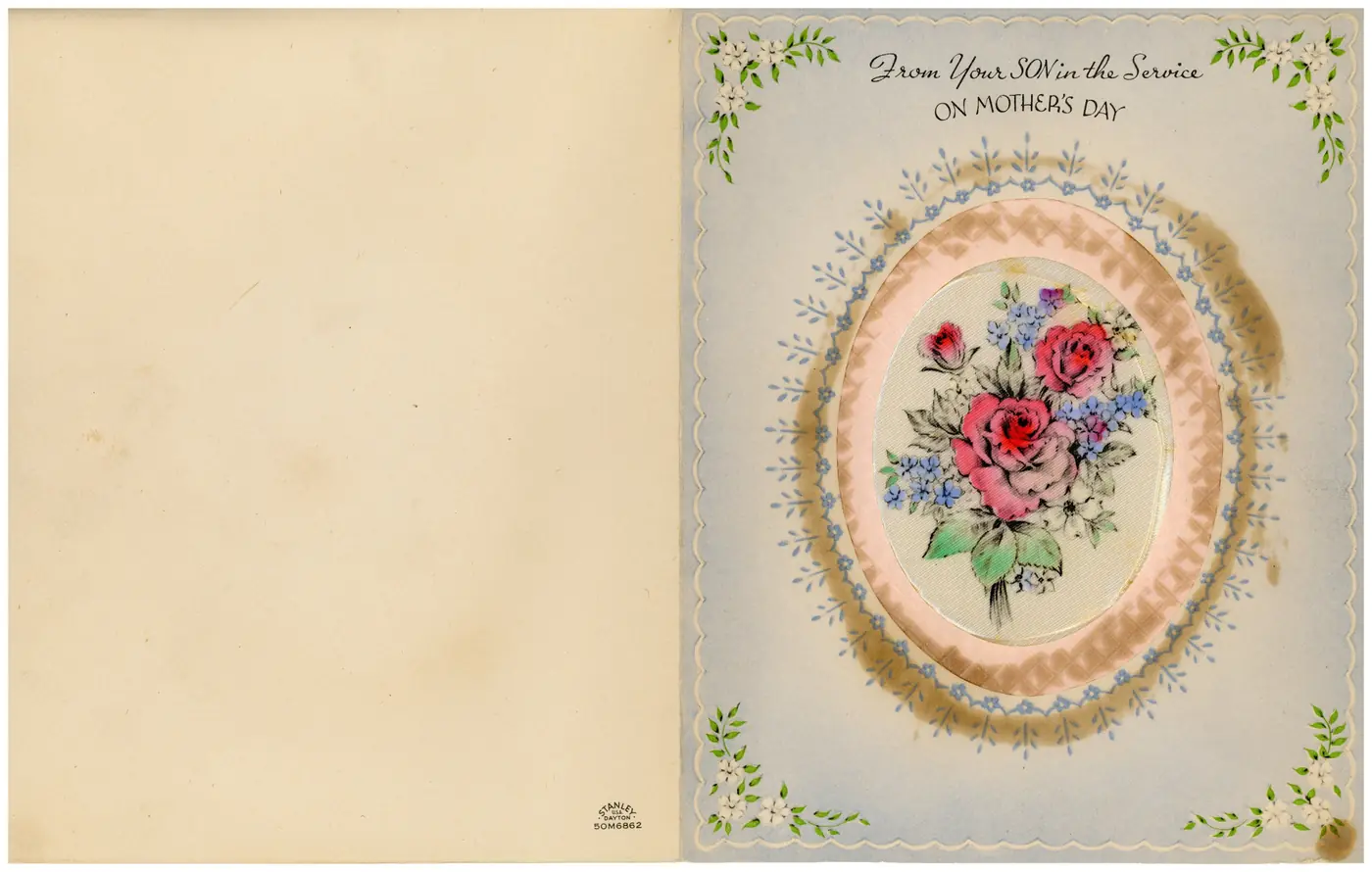 Mother's Day greeting card (front), decorated with roses and forget-me-nots