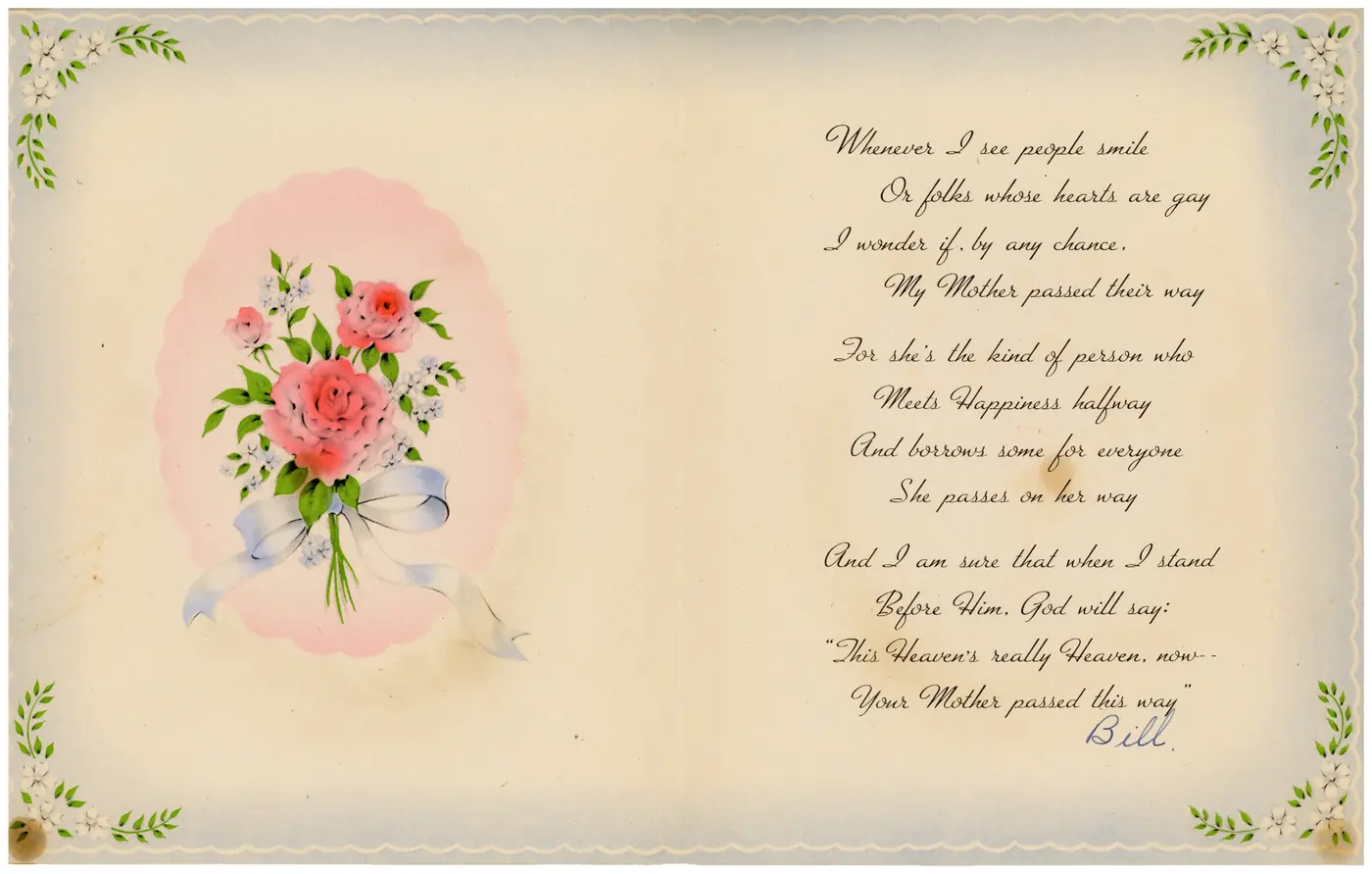 Inside of the Mother's Day card — the printed verse, signed "Bill"