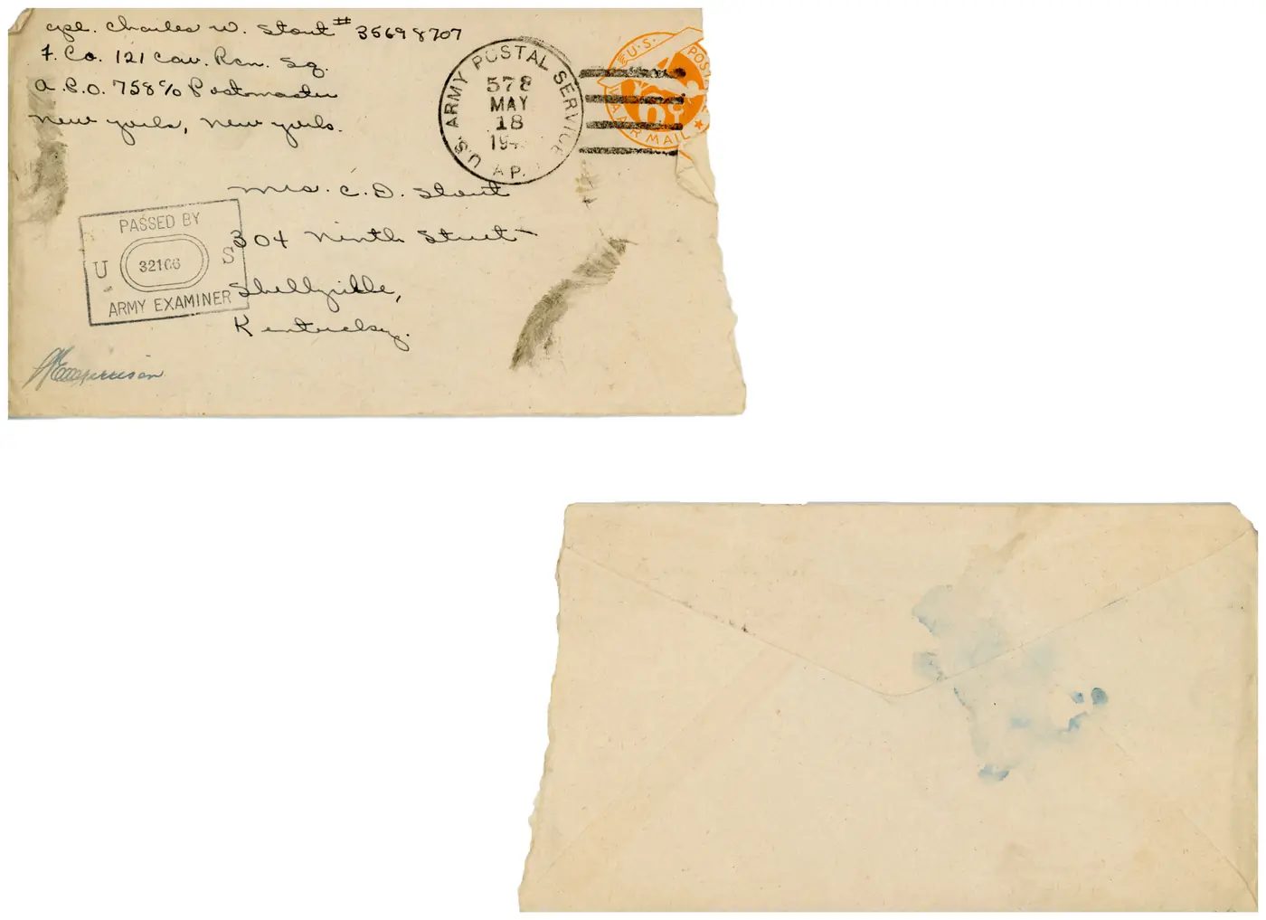 Censored V-mail envelope, "Passed by Army Examiner", with U.S. Army Postal Service postmark