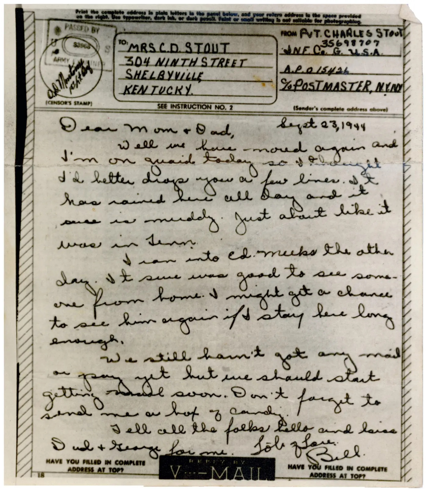 Handwritten V-Mail letter