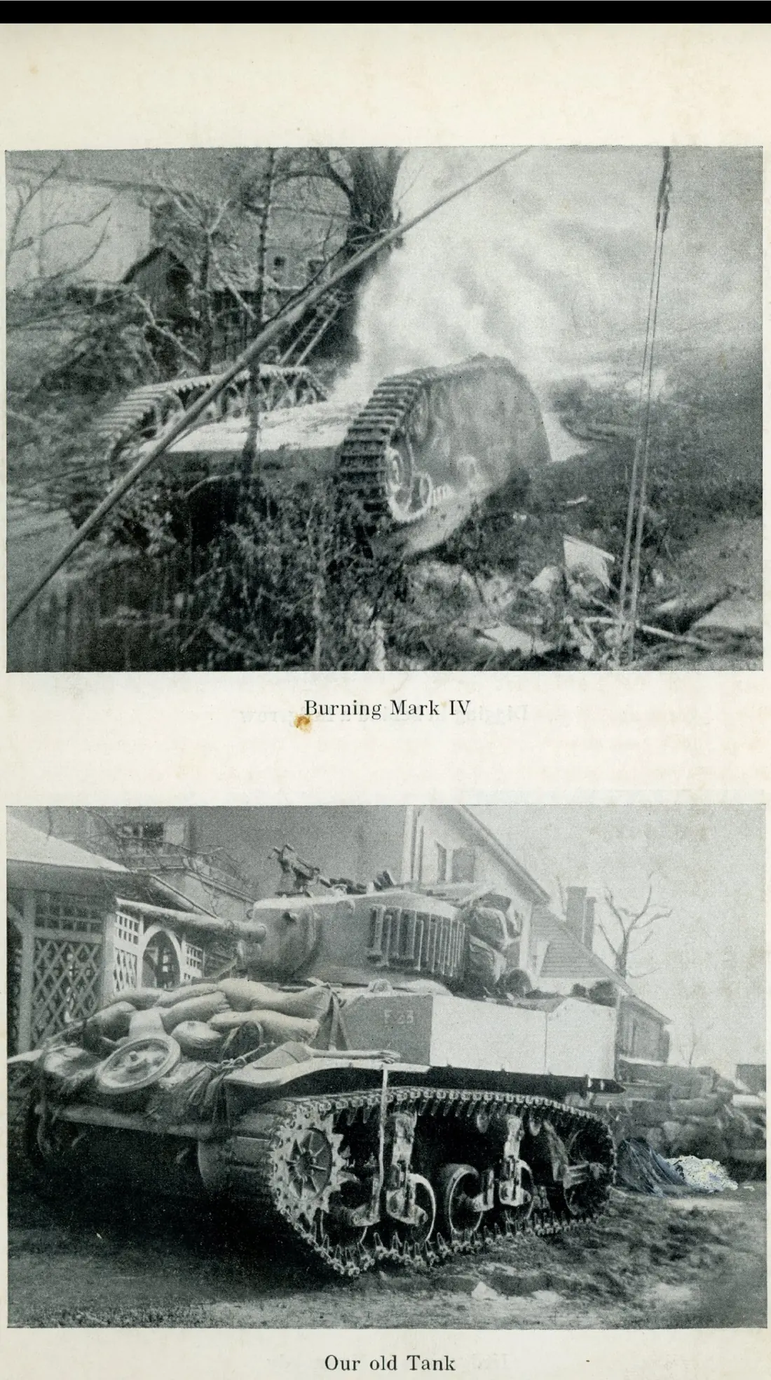 A burning German Mark IV tank