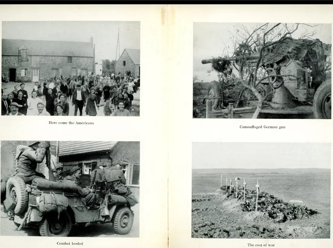 French civilians crowding a village street to greet arriving troops
