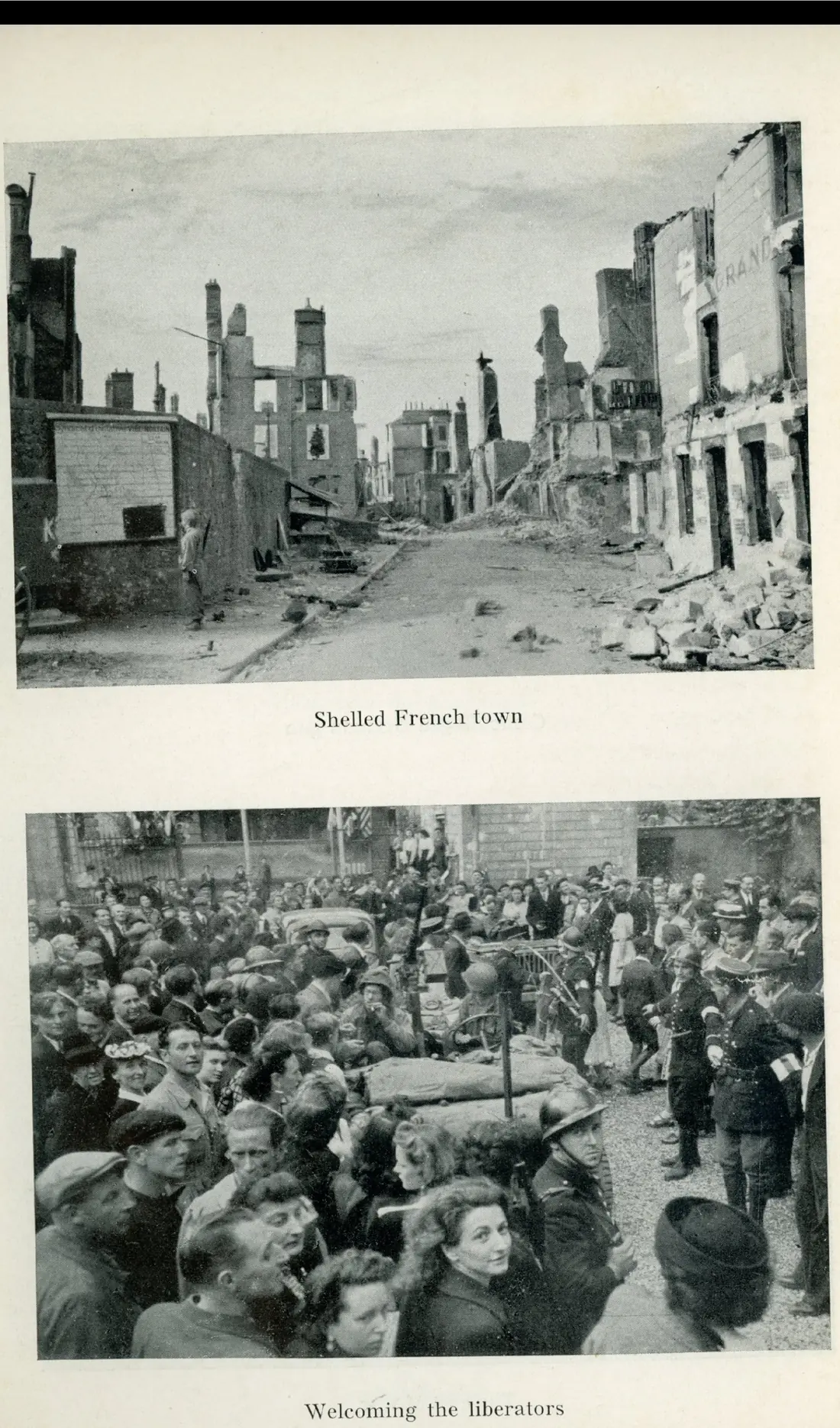 A shelled-out French town, ruined buildings lining the street