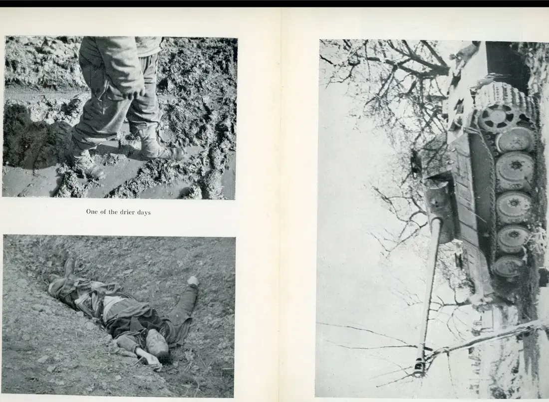 A soldier's muddy boots stepping across a churned-up trench