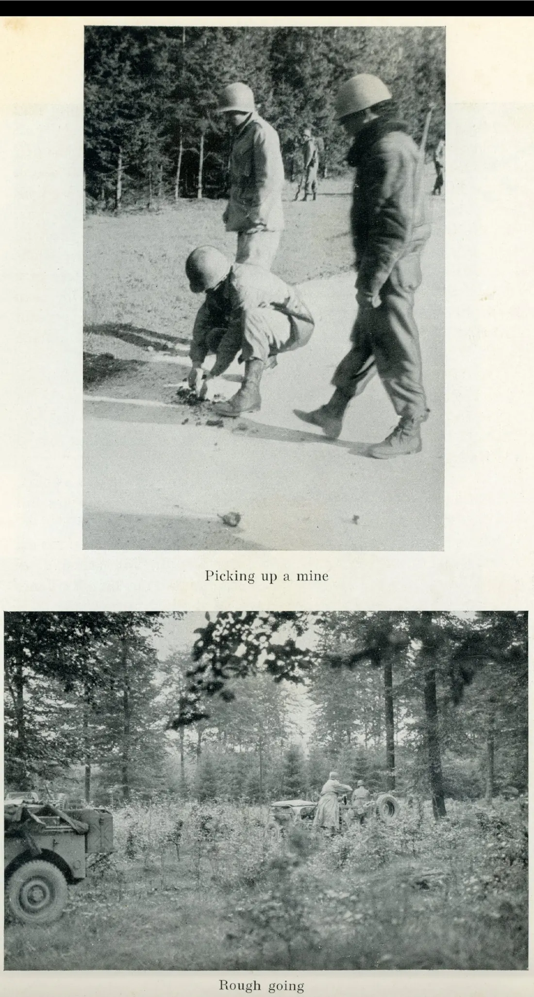 Soldiers lifting a mine from a forest road