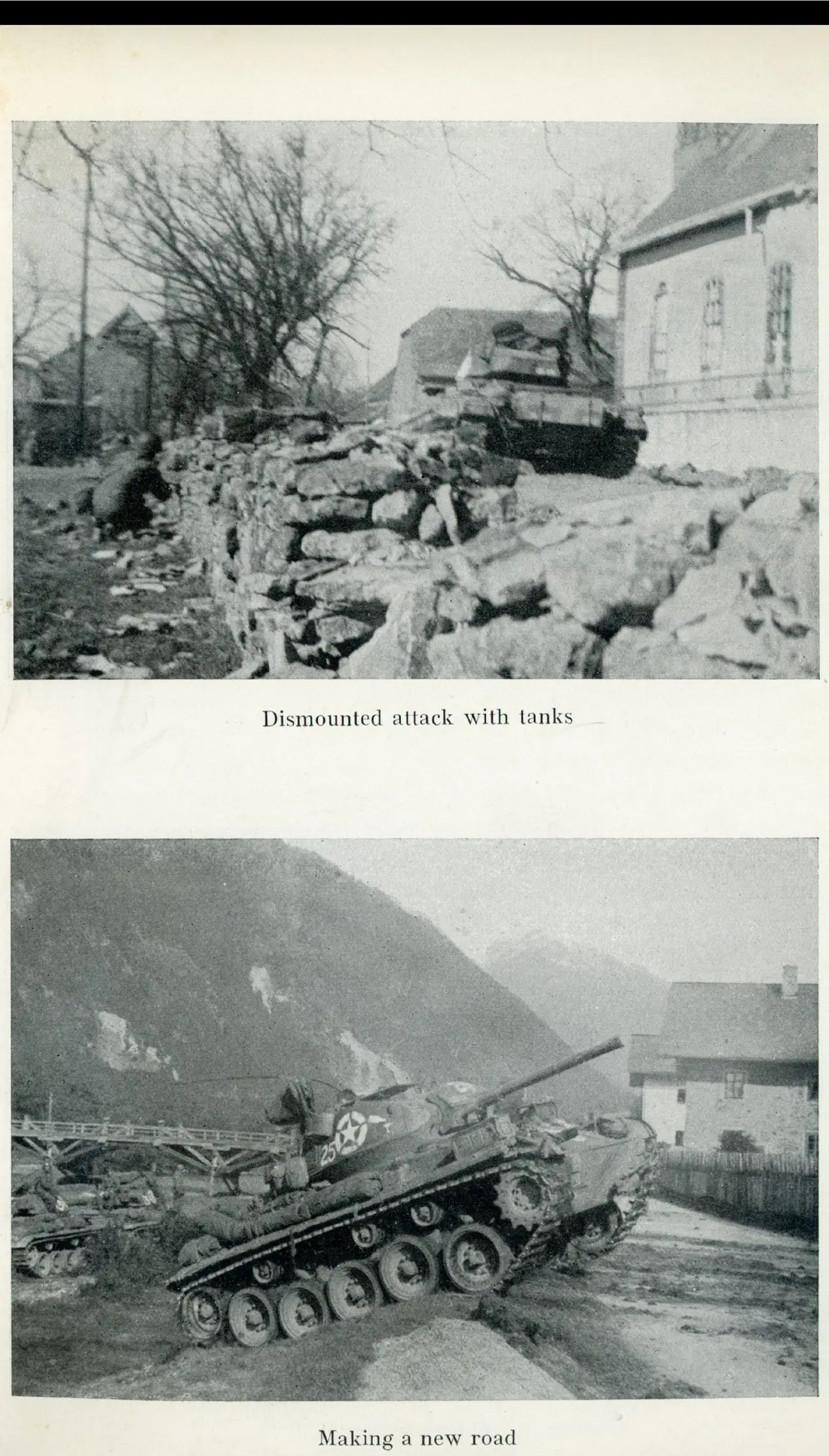 Tanks and dismounted soldiers attacking through a village